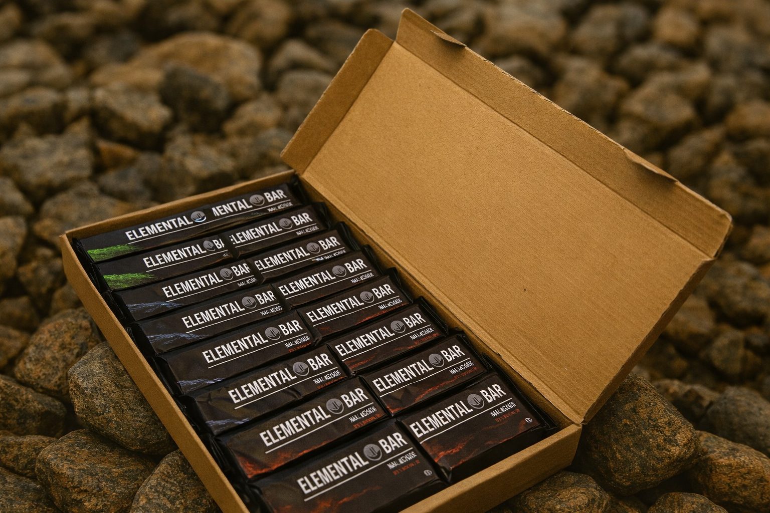 An Elemental box packed with a mix of Earth, Fire and Water bars